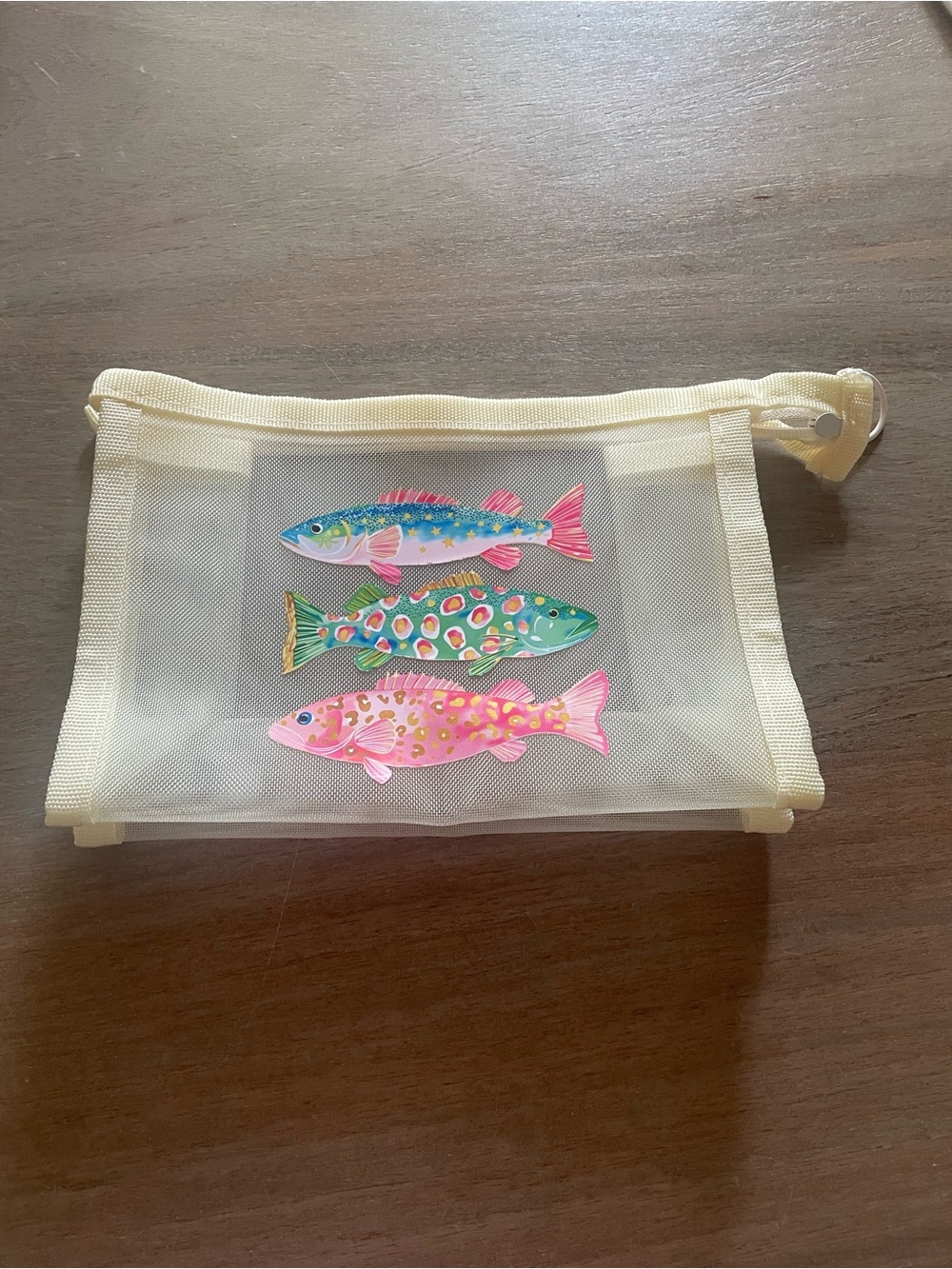 Haus of Brilliance Cream Mesh Pouch with Colorful Fish Motif